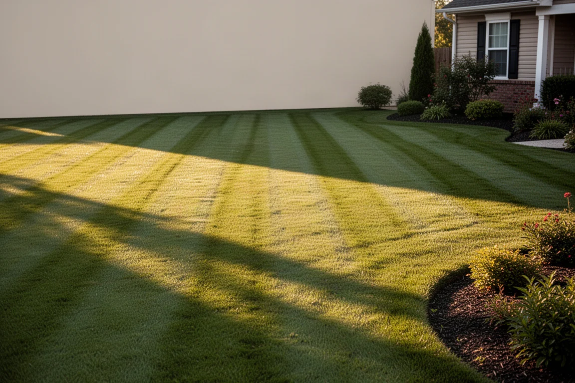 Freshly striped lawn with clean professional cut lines at golden hour