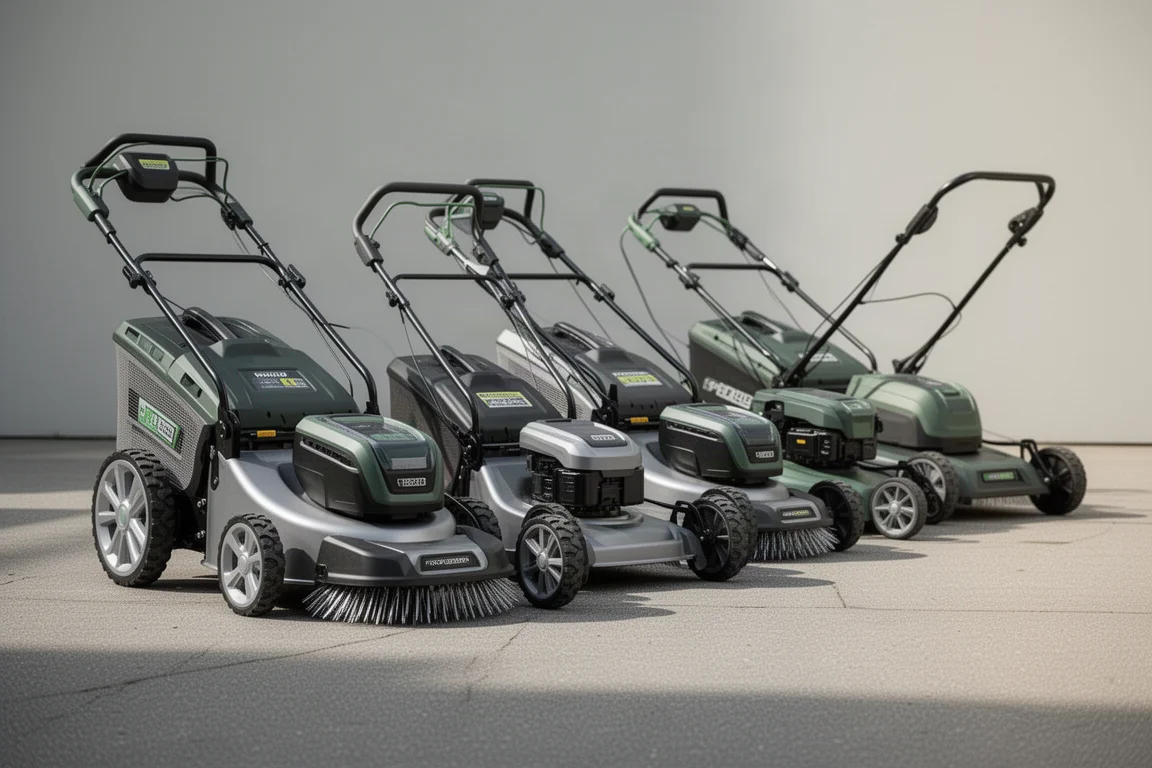 Lineup of nine modern self-propelled battery lawn mowers on a paved surface