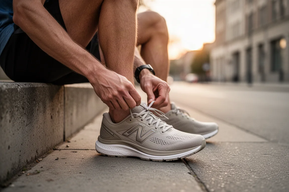 Un runner allaccia un trainer neutro quotidiano su un marciapiede cittadino tranquillo all'alba
