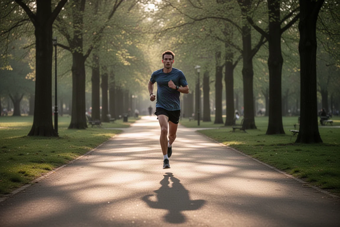 Un runner cammina lungo un sentiero alberato in un parce nella soffice luce del pomeriggio