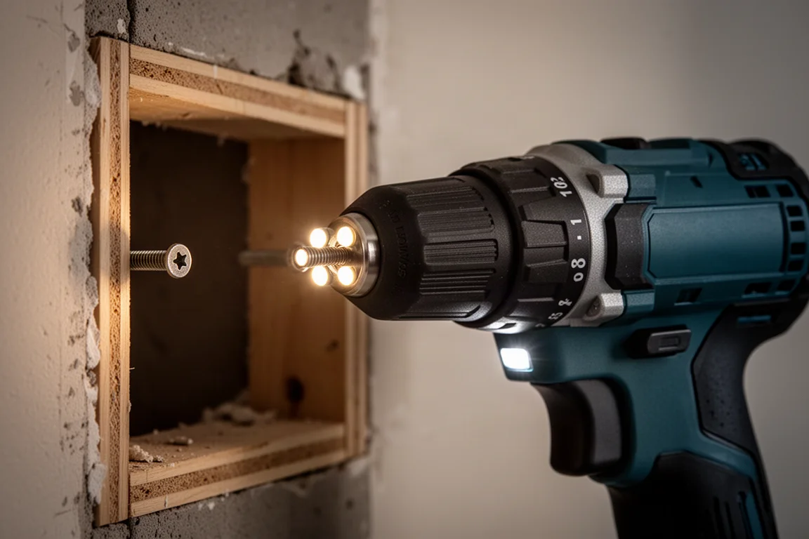 Lumière de travail Tri LED sur une visseuse à choc éclairant un espace de travail sombre