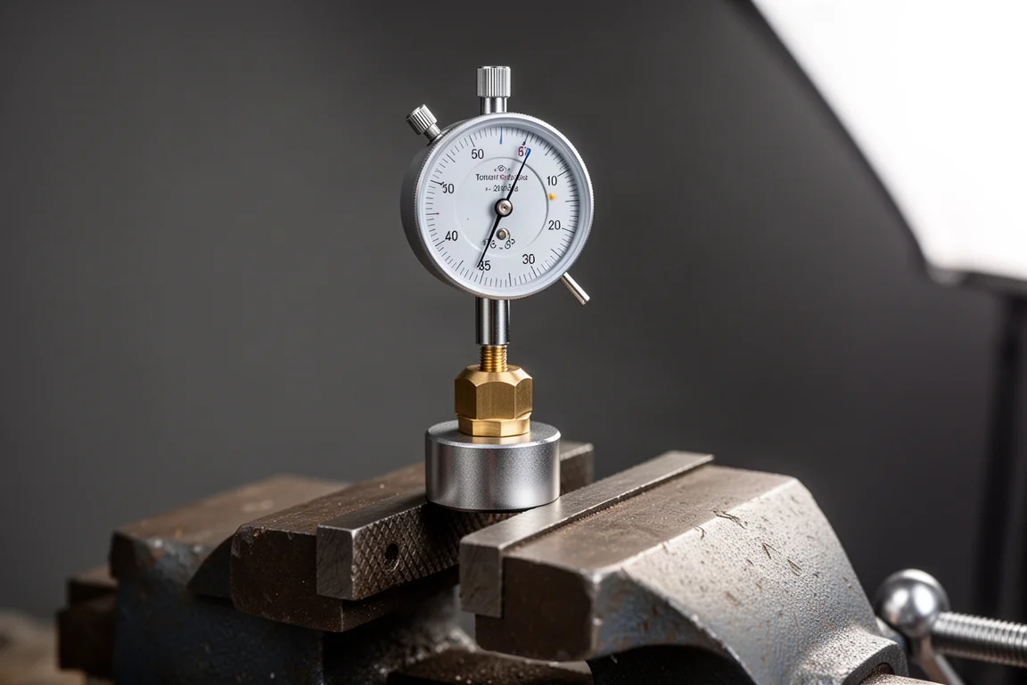 Klok meter meet beweging op een koppeling die in een bankschroef is geklemd