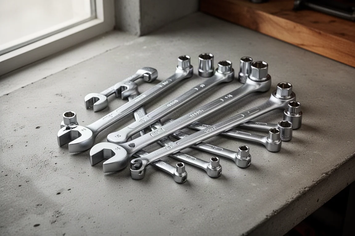 Chrome flare nut wrench set fanned out on a grey concrete surface