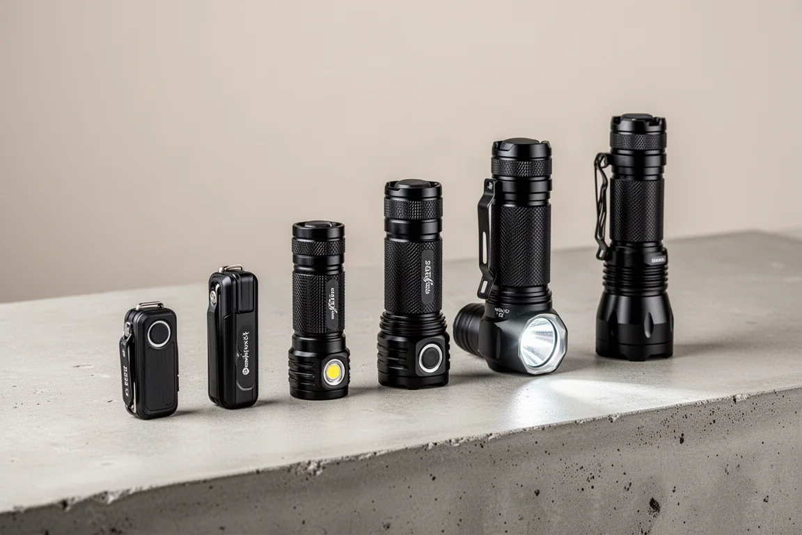 Row of LED flashlights on a concrete surface with varying sizes and designs