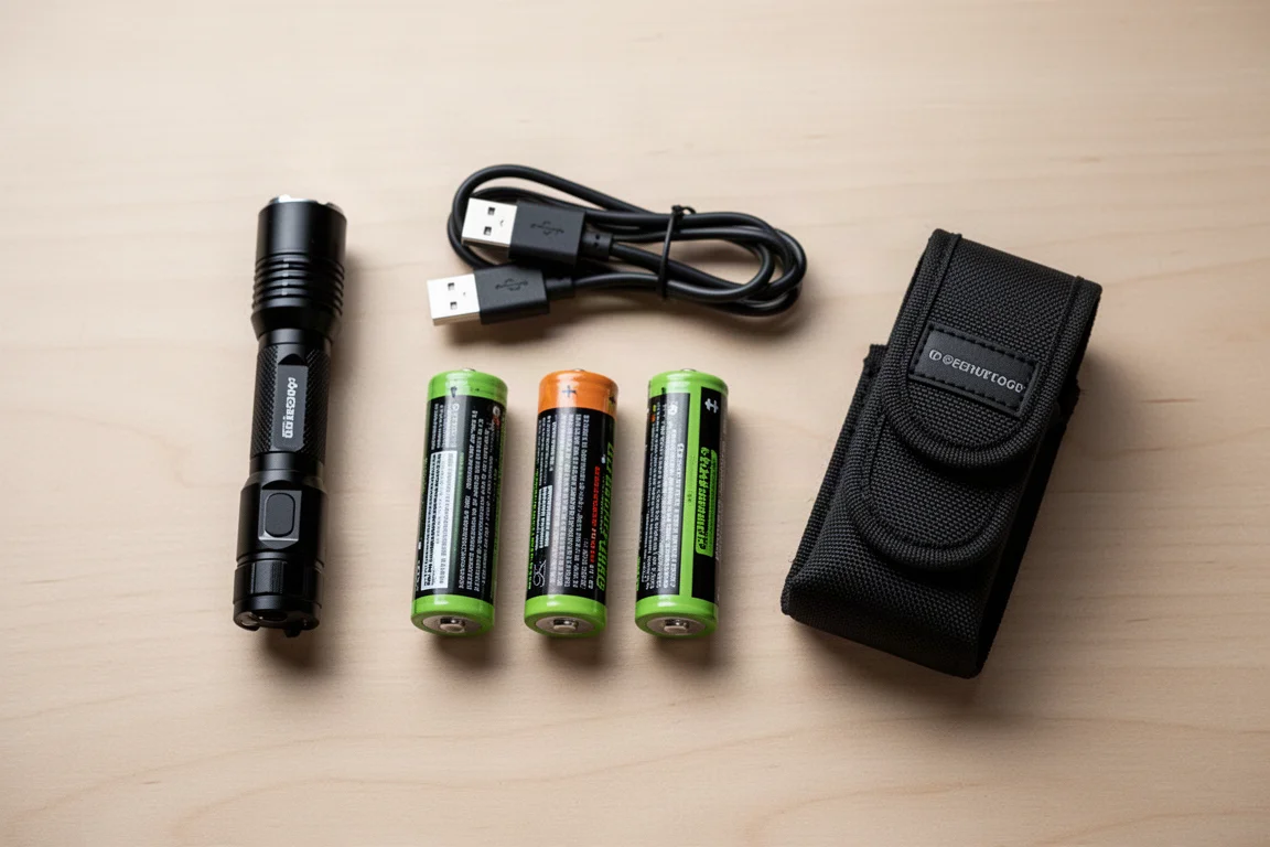 Overhead flat-lay of flashlight batteries and charging accessories on a wooden surface