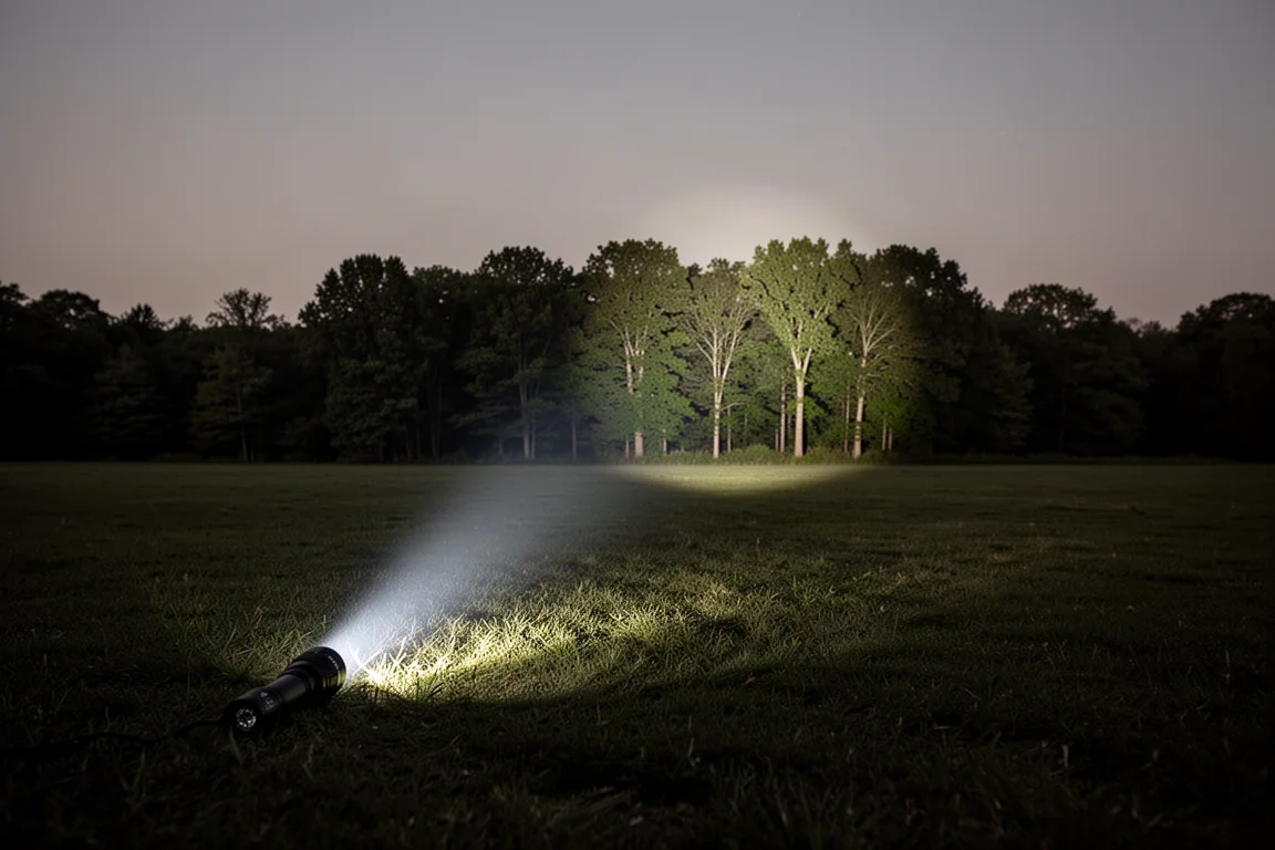 A bright LED flashlight beam illuminating a tree line across a dark field at dusk