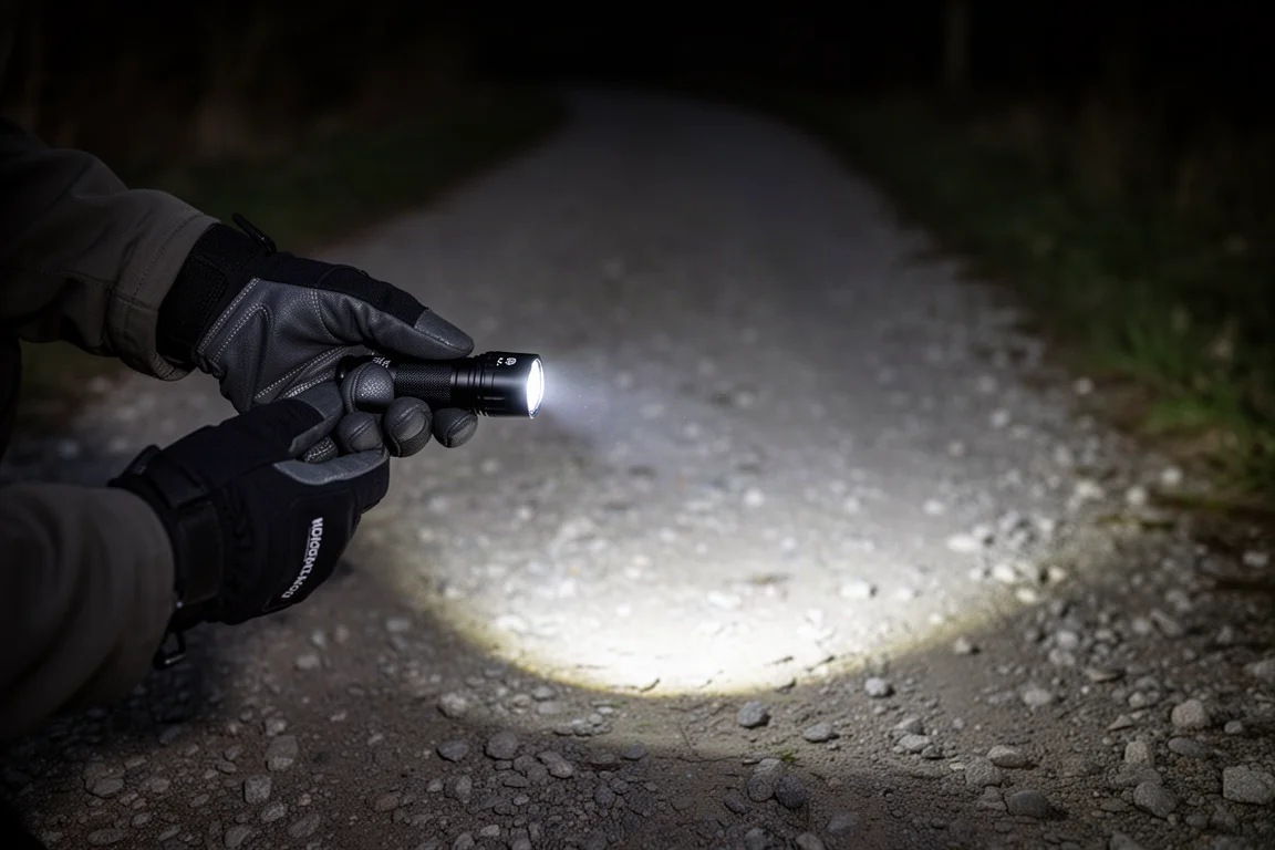 Person holding a compact flashlight while walking a path at night