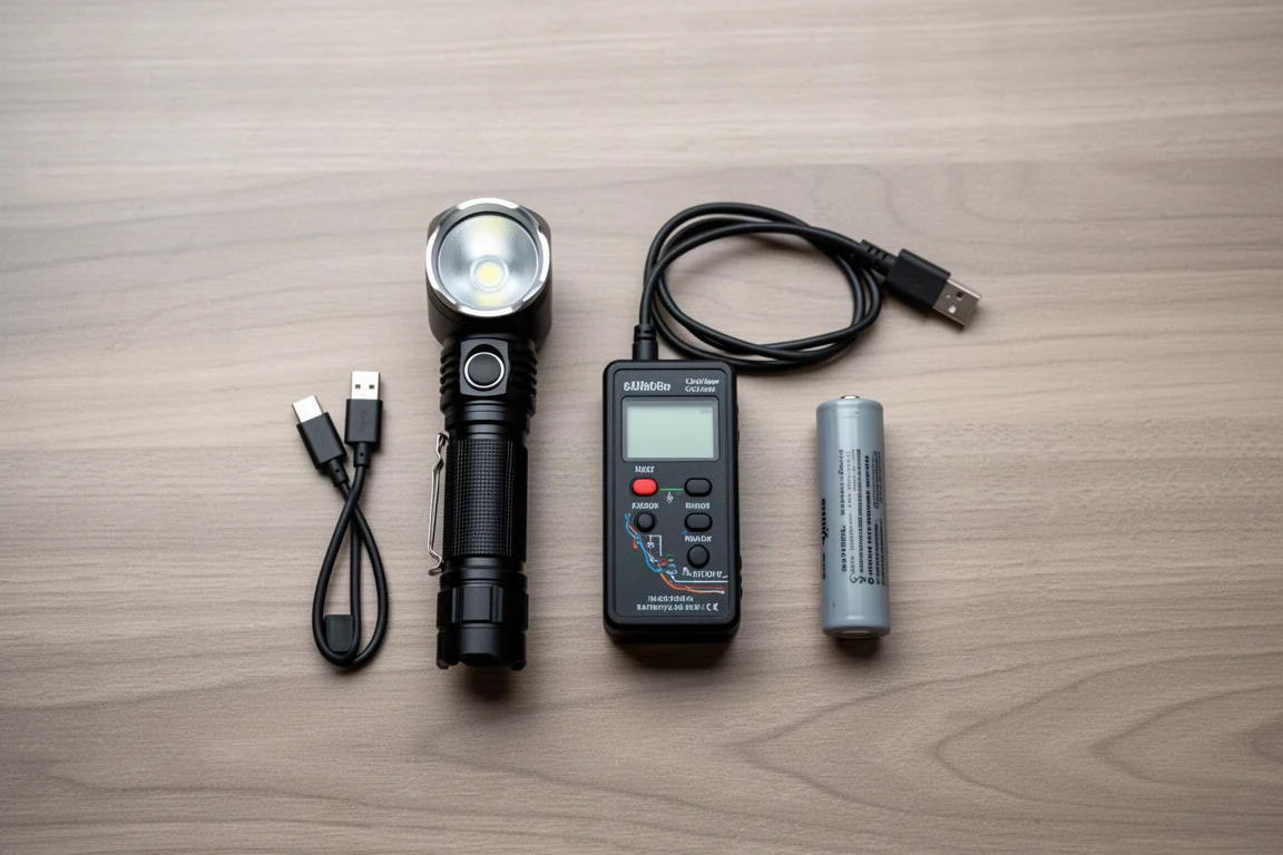 Tabletop charging setup with a flashlight, battery tester, and cables