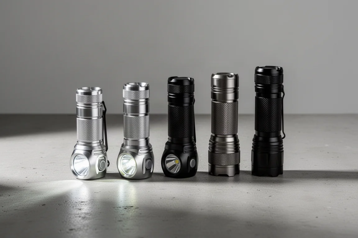 Six LED flashlights of varying sizes lined up on a concrete surface