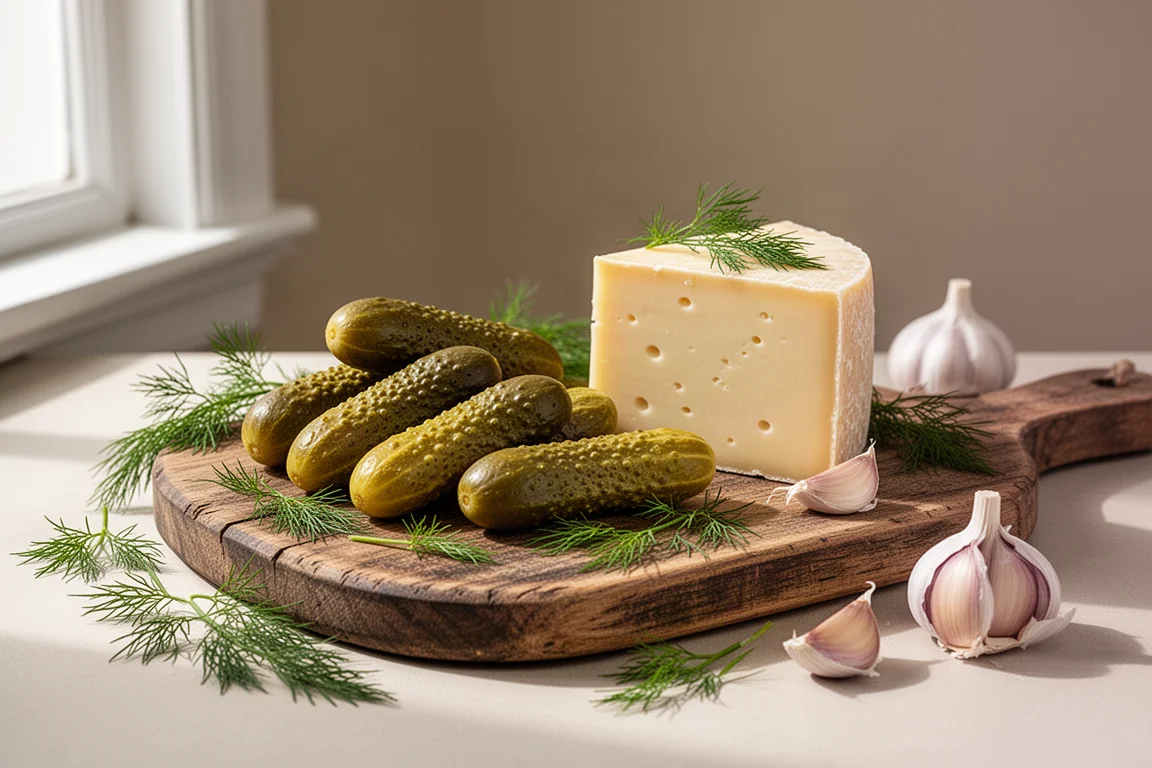 Ganze Gewürzgurken mit Knoblauch und Dill auf einem rustikalen Servierbrett angerichtet