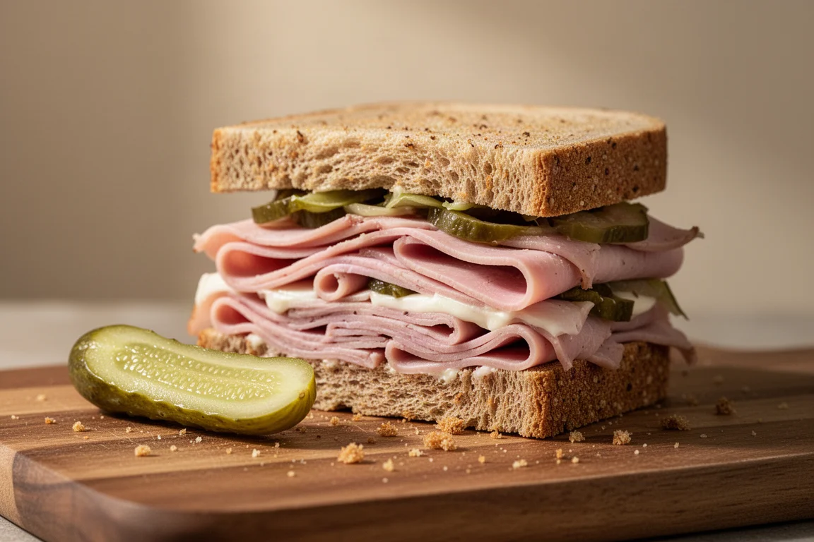 Knusprige Gewürzgurke über einem Deli-Sandwich auf einem Holzbrett gehalten