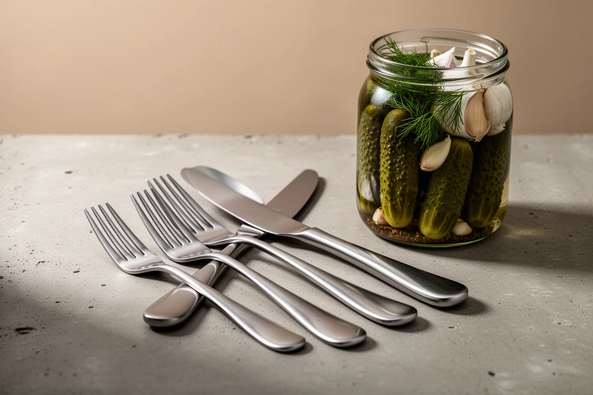 Stainless steel flatware set beside a jar of whole dill pickles on concrete