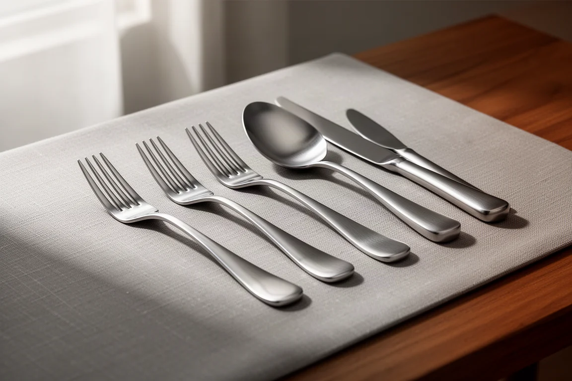 Polished stainless steel flatware set neatly arranged on a linen table surface
