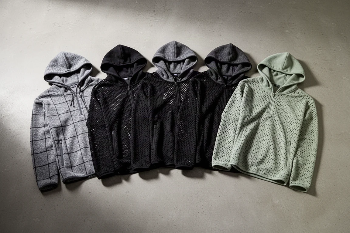 Five lightweight fleece hoodies in grey, black, and sage arranged in a row on concrete