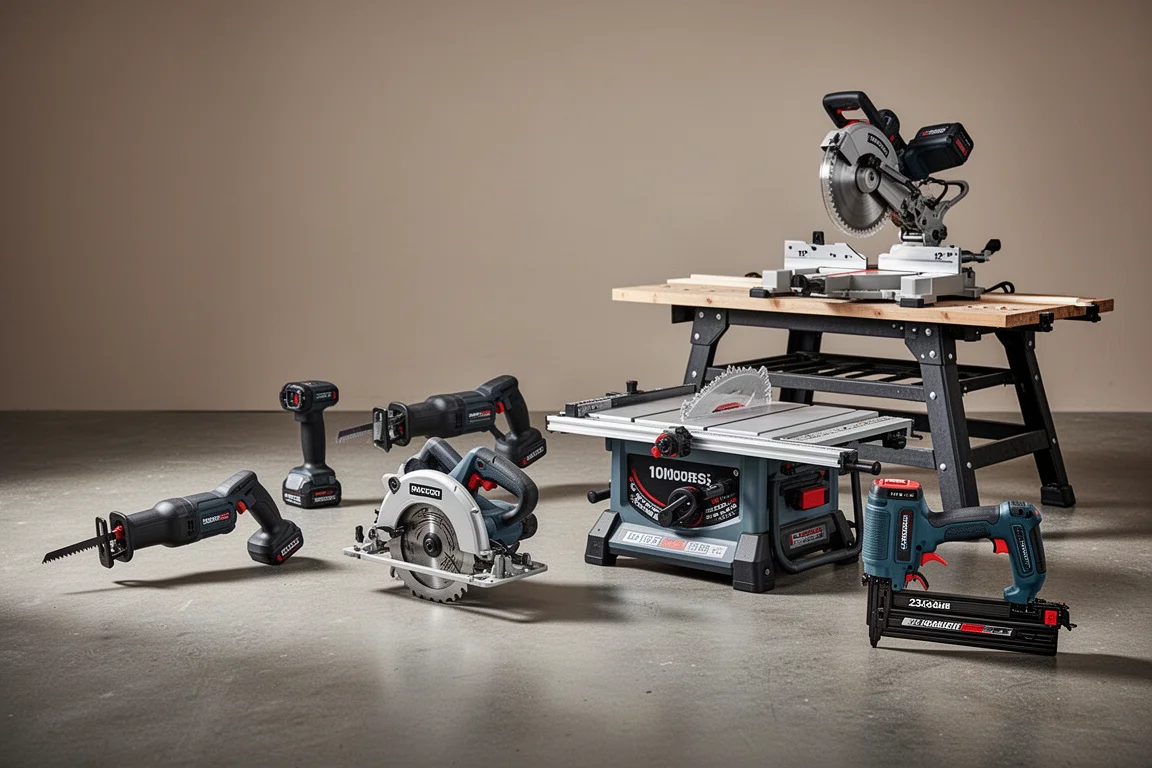 Lineup of five Flex 24V cordless power tools on a concrete workshop floor