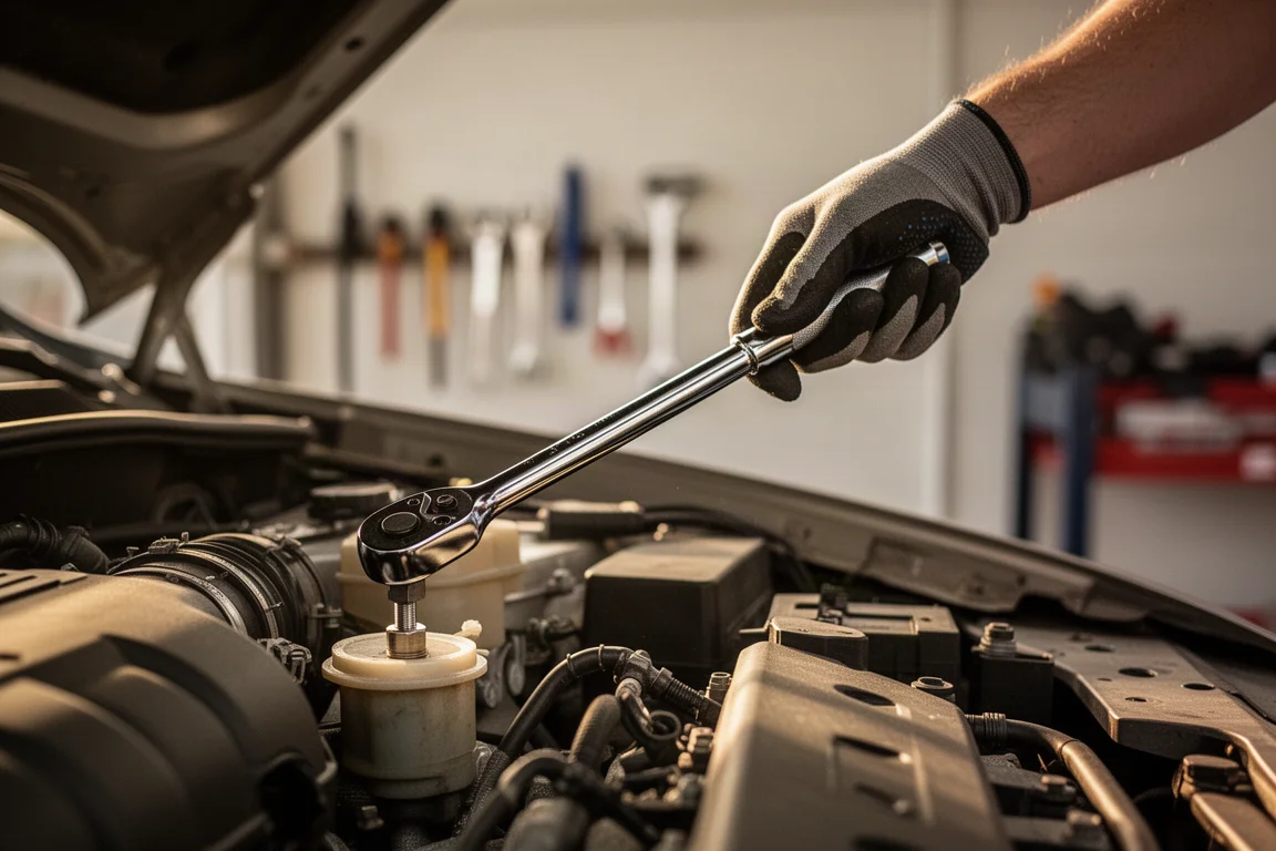 Hände eines Mechanikers, die eine lange Chrom-Ratsche an einer Schraube im Motorraum einsetzen
