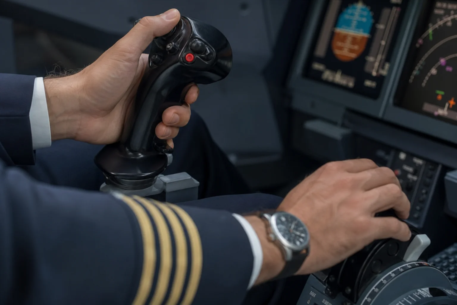 Mains d'un pilote sur un joystick et une manette de gaz dans un cockpit d'avion