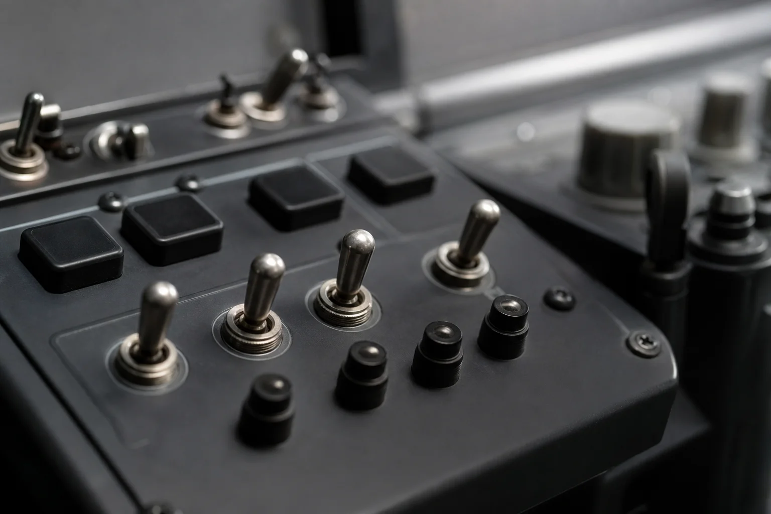 Gros plan sur des interrupteurs mécaniques et des boutons sur un panneau de vol