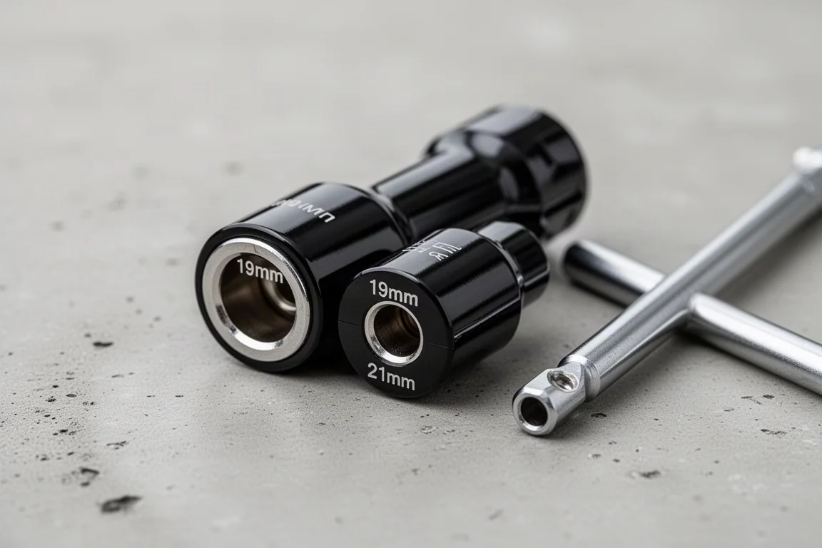 Close-up of a double-ended flip socket showing two different sized ends