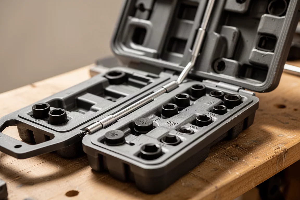 Open plastic socket case with metal hinge pin on a workbench
