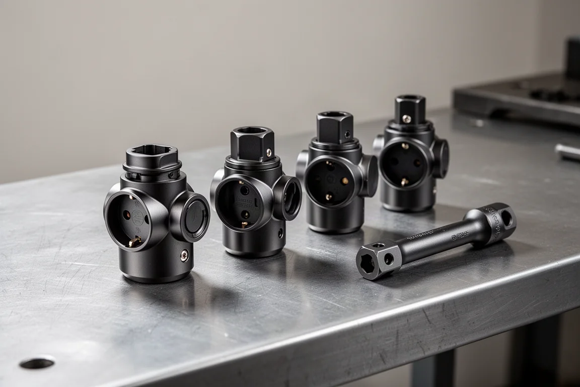 Four double-ended flip sockets and an extension bar on a steel workbench