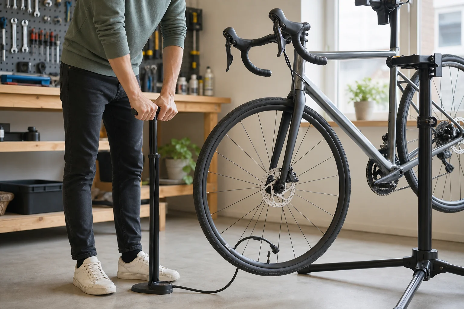 Ciclista comprobando la presión de los neumáticos con una bomba de pie en un taller doméstico