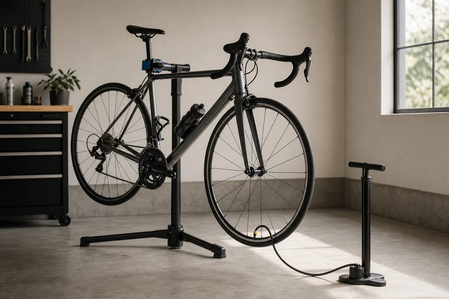 Ciclista inflando un neumático de bicicleta de carretera en el garaje de su casa