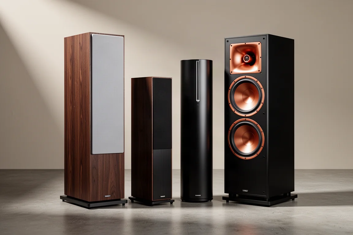 Three floorstanding tower speakers arranged on a matte concrete floor under soft studio light