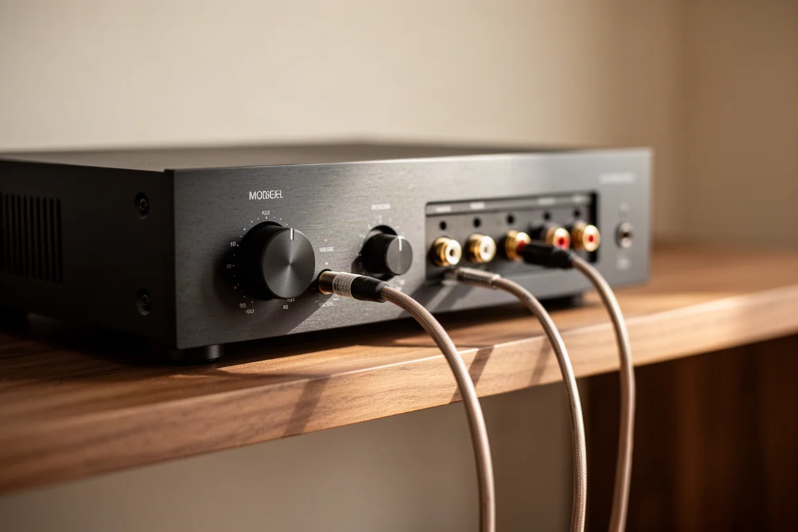 Primo piano di un piccolo amplificatore integrato e cavo diffusori su una mensola in legno