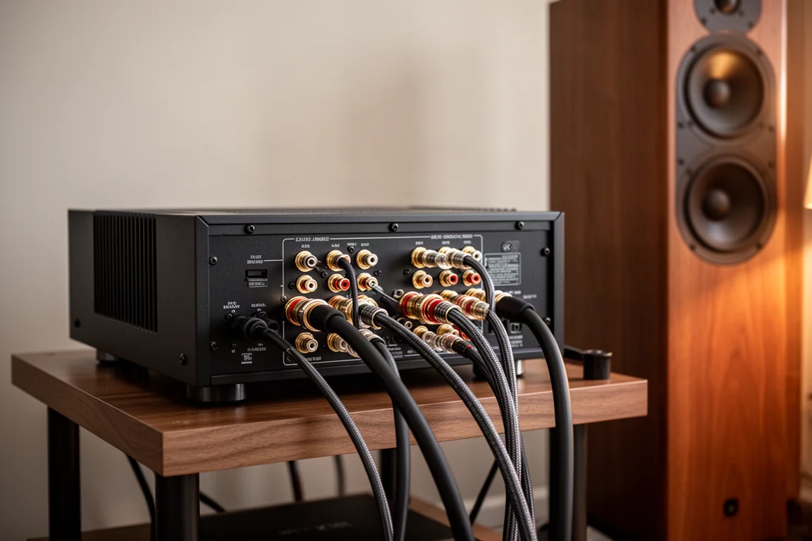 Pannello posteriore di un amplificatore stereo con spessi cavi diffusori collegati
