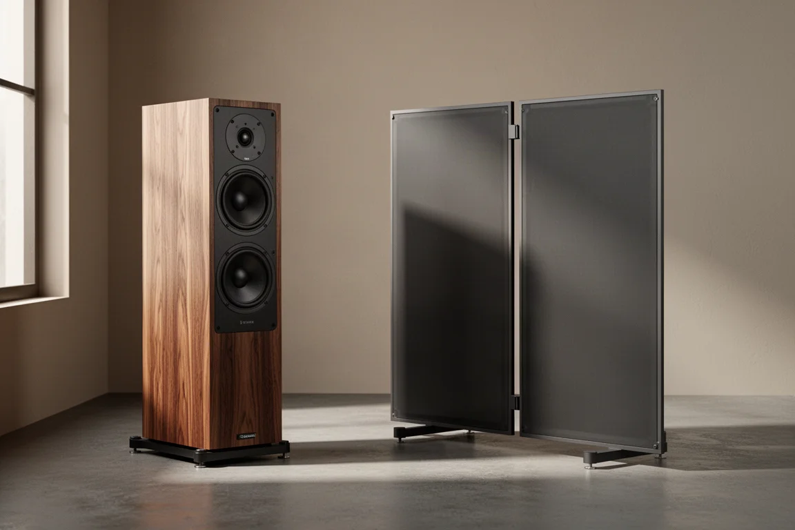 Two floorstanding speakers, a tall wood-grain tower and a slim planar panel, in a listening room