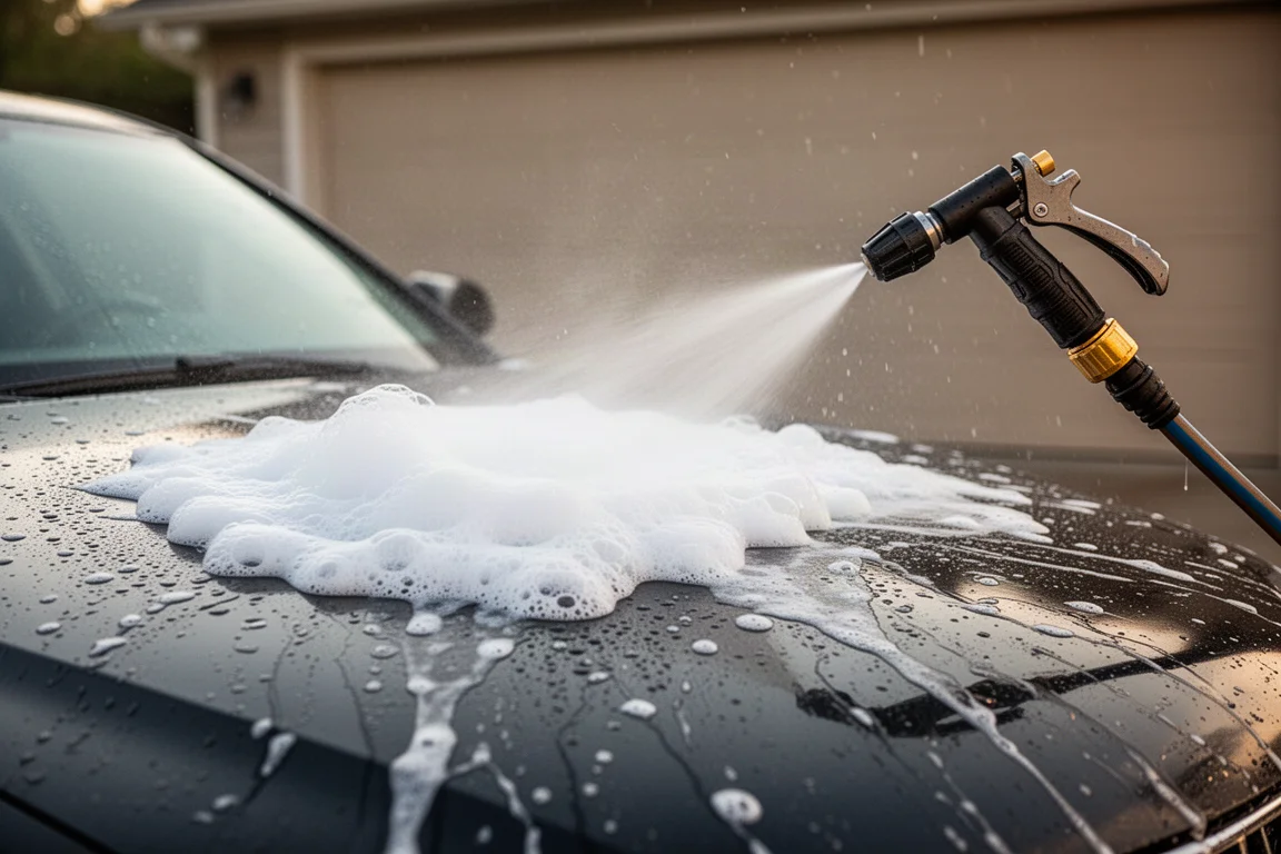 Garden hose foam cannon spraying foam onto a car hood