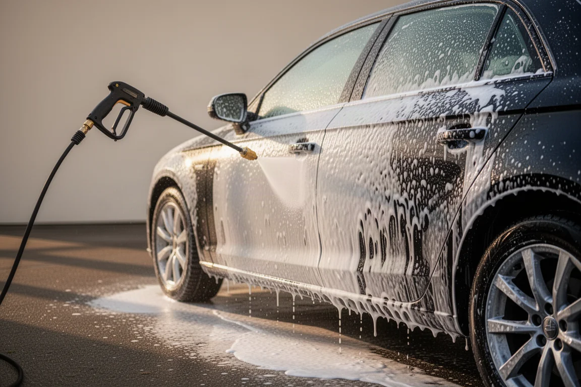 Pressure washer applying dense snow foam to a car side