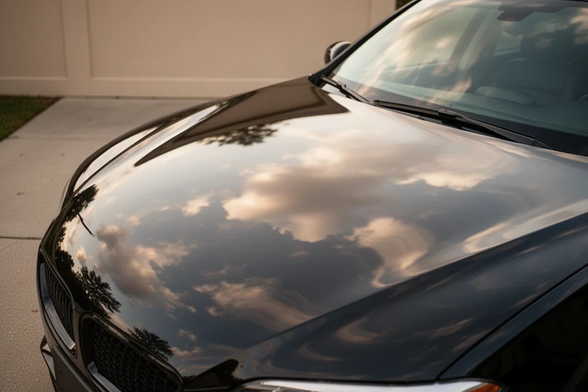 Clean glossy car hood reflecting sky after a wash