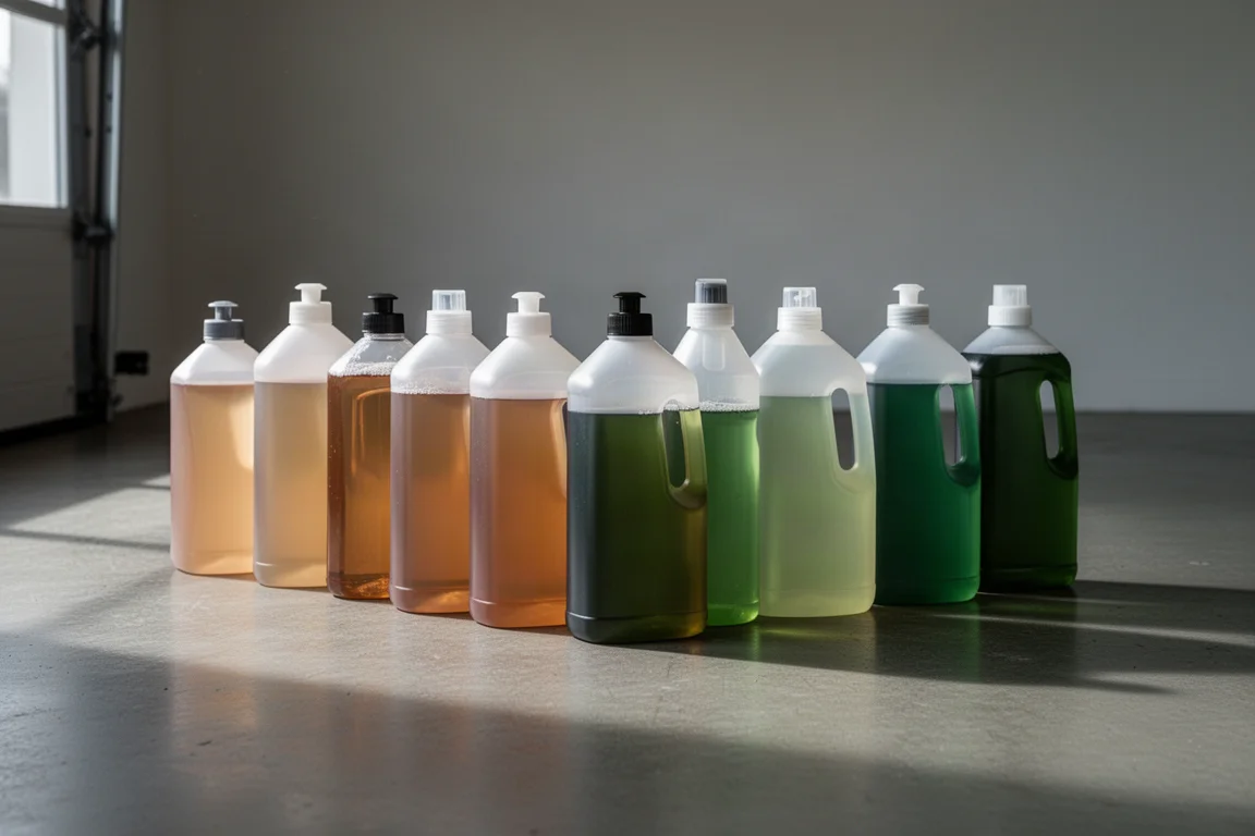 Row of eleven foaming car wash shampoo bottles on a concrete garage floor