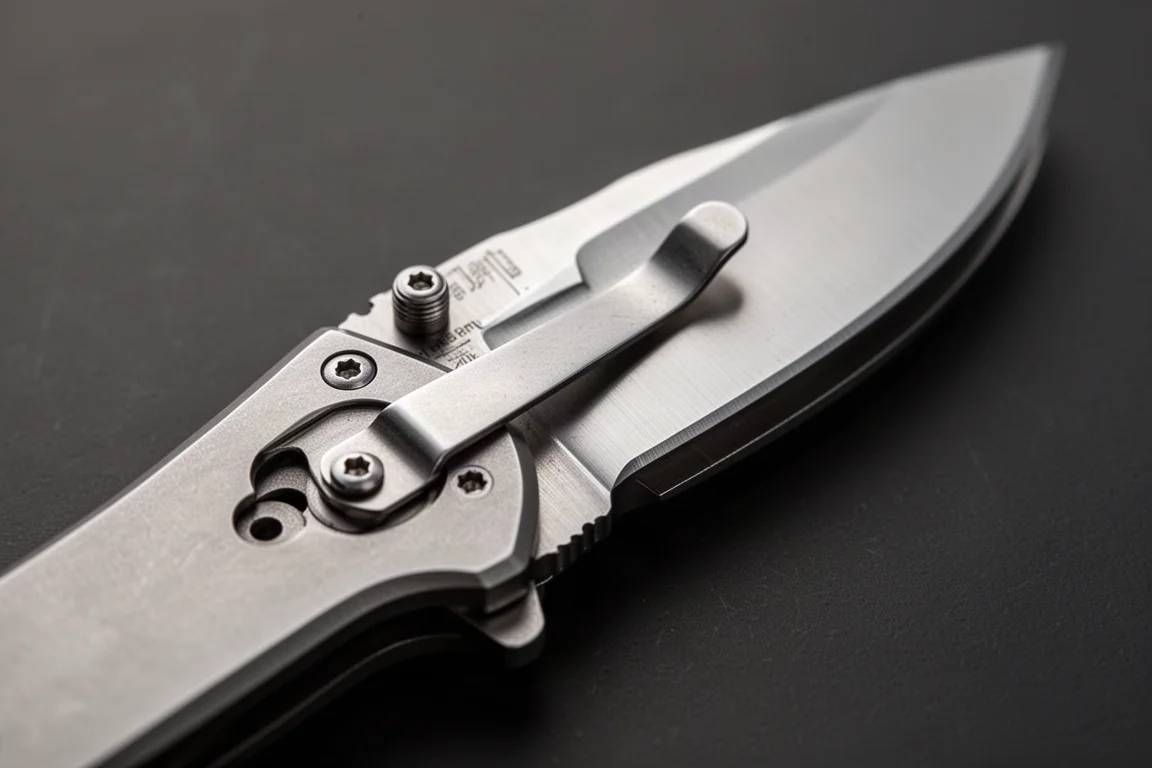 Zbliżenie na mechanizm liner lock wewnątrz otwartego, składanego nóżka