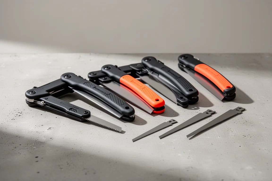 Lineup of six folding jab saws with folded and open blades on a concrete surface
