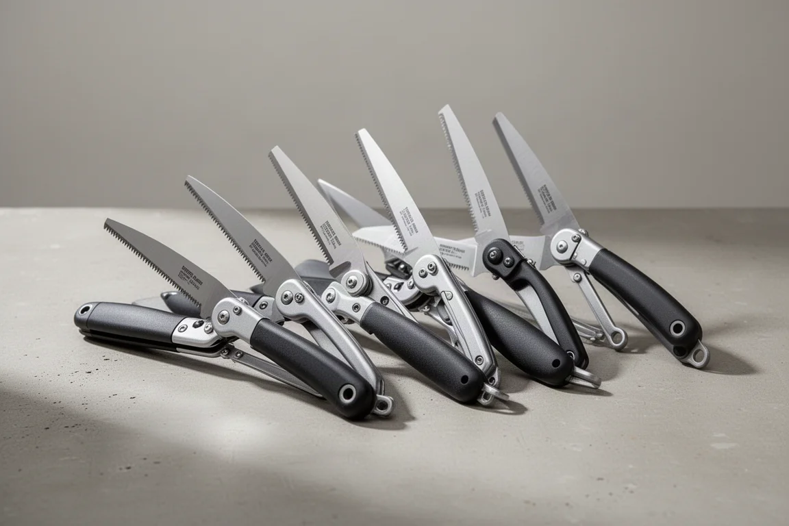 Sixteen folding pruning saws lined up on a concrete surface
