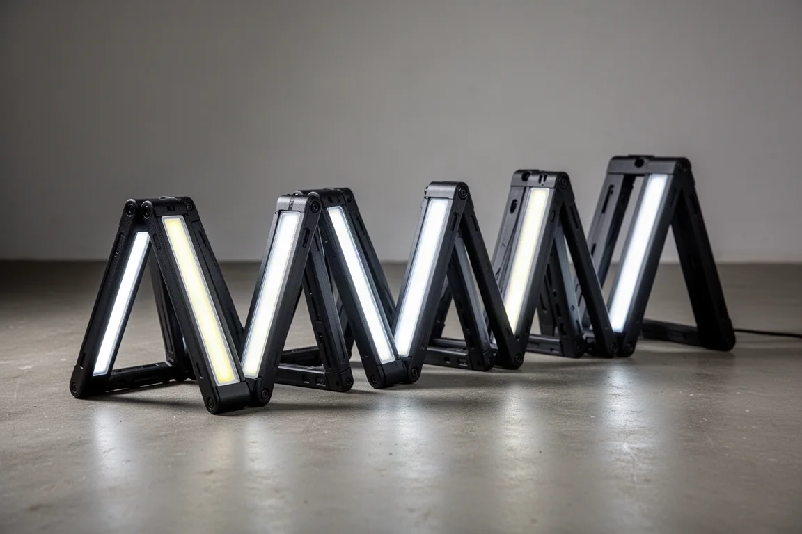 Row of folding LED work lights partially folded on a concrete workshop floor