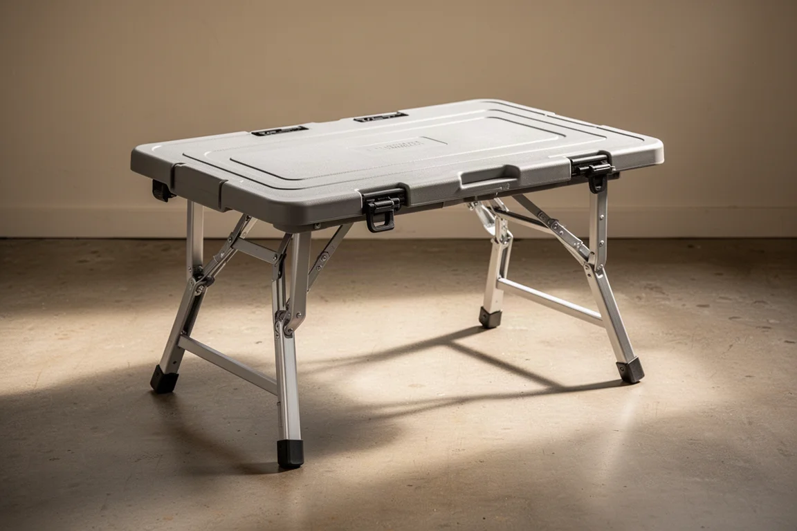 Folding work table with molded top and metal legs on a concrete garage floor