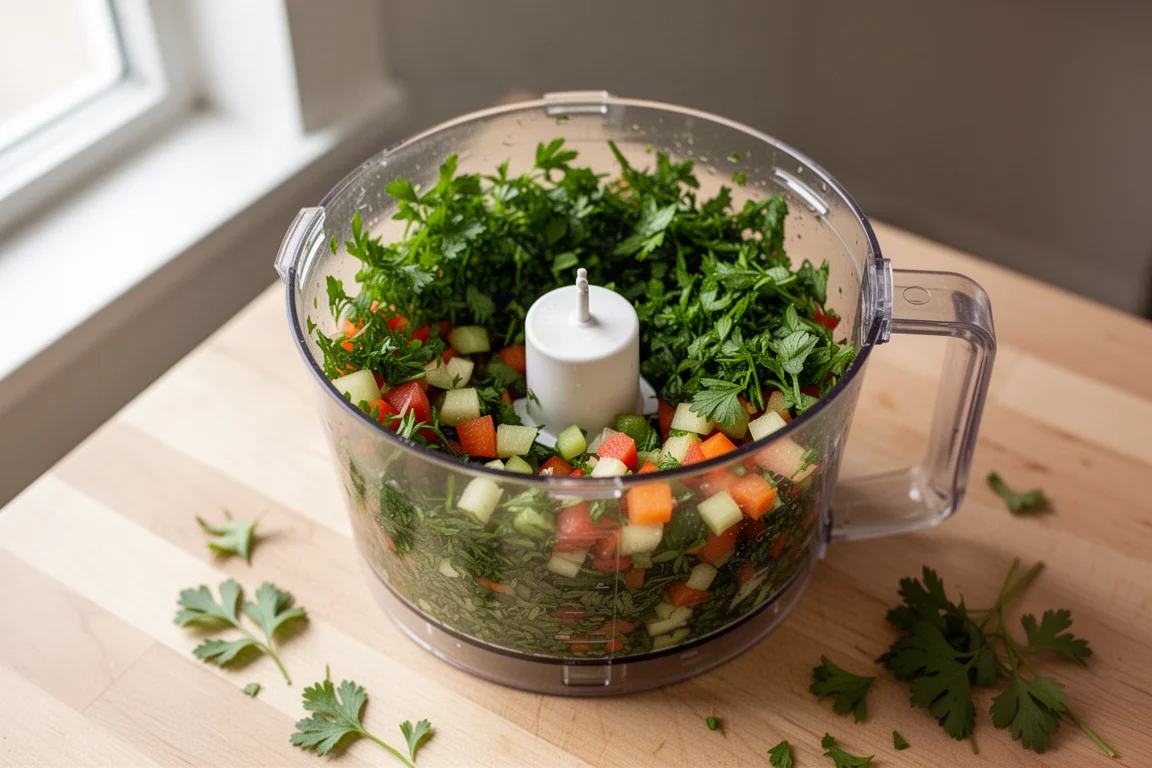 Fresh parsley and vegetables being chopped in a food processor work bowl