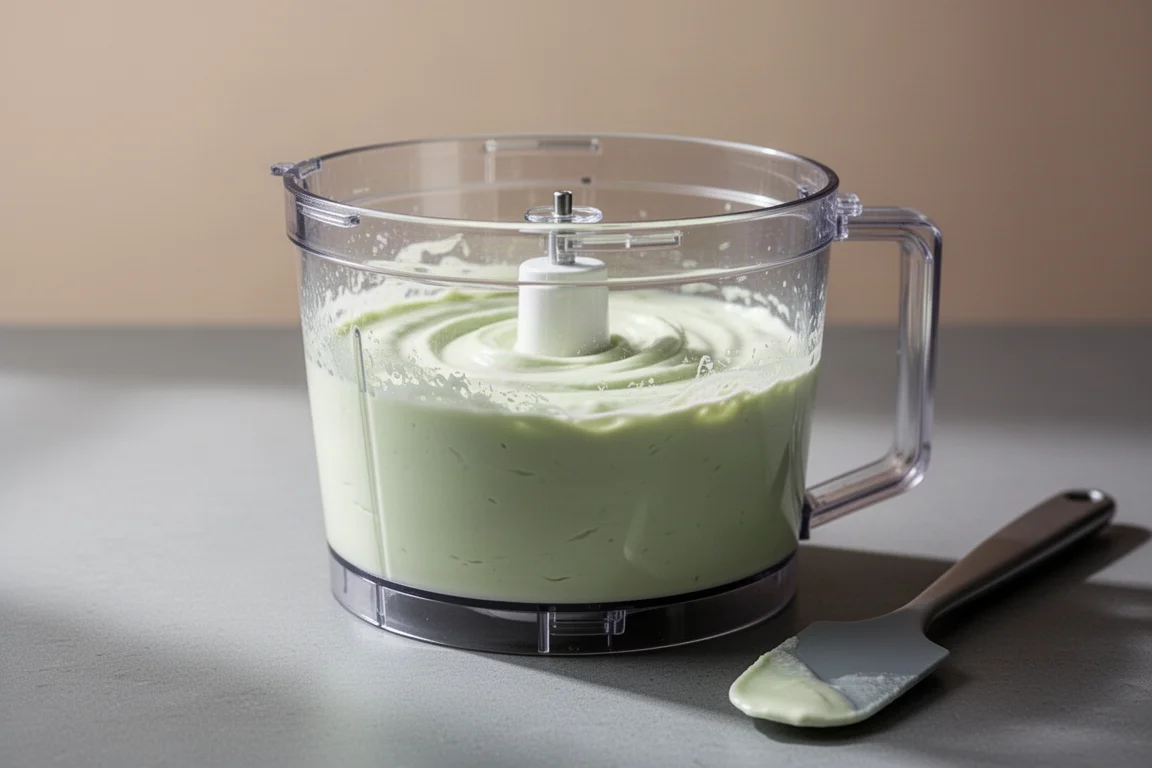 Food processor work bowl with evenly blended green yogurt mixture
