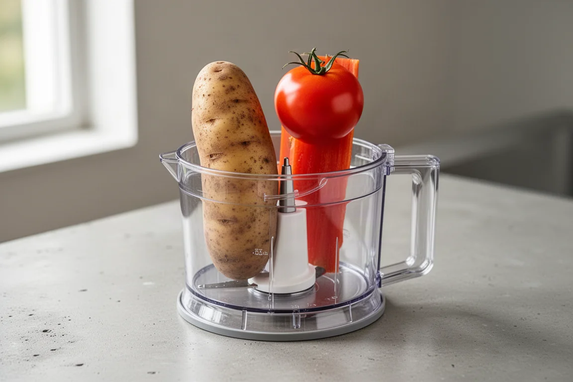 Vegetables standing upright in a feed tube ready for slicing