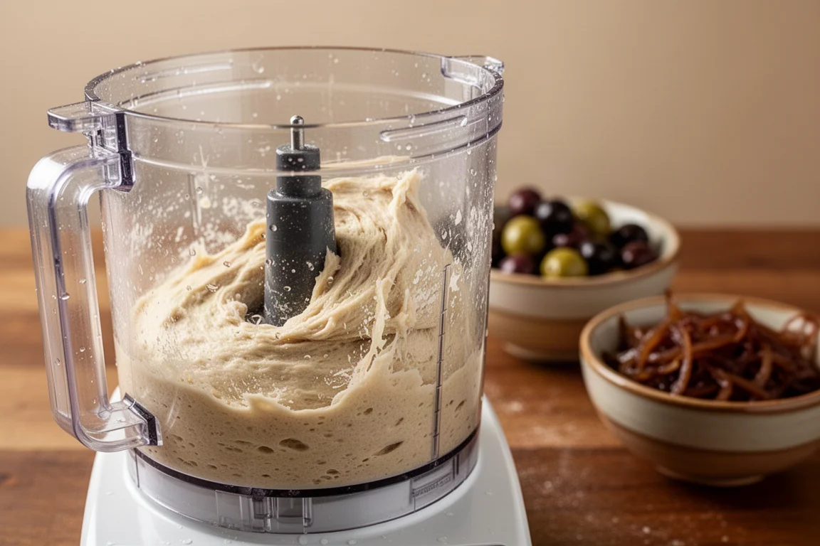Wet sticky pizza dough being kneaded in a food processor bowl