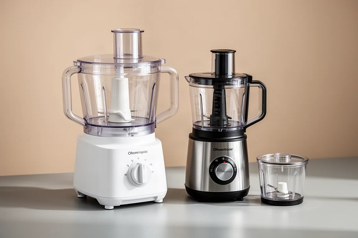 Two food processors side by side on a light grey kitchen counter