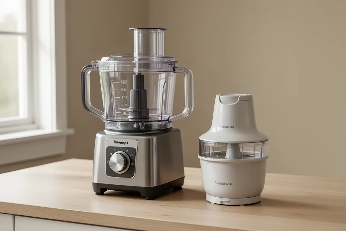 A full-size food processor and a compact chopper side by side on a wooden counter