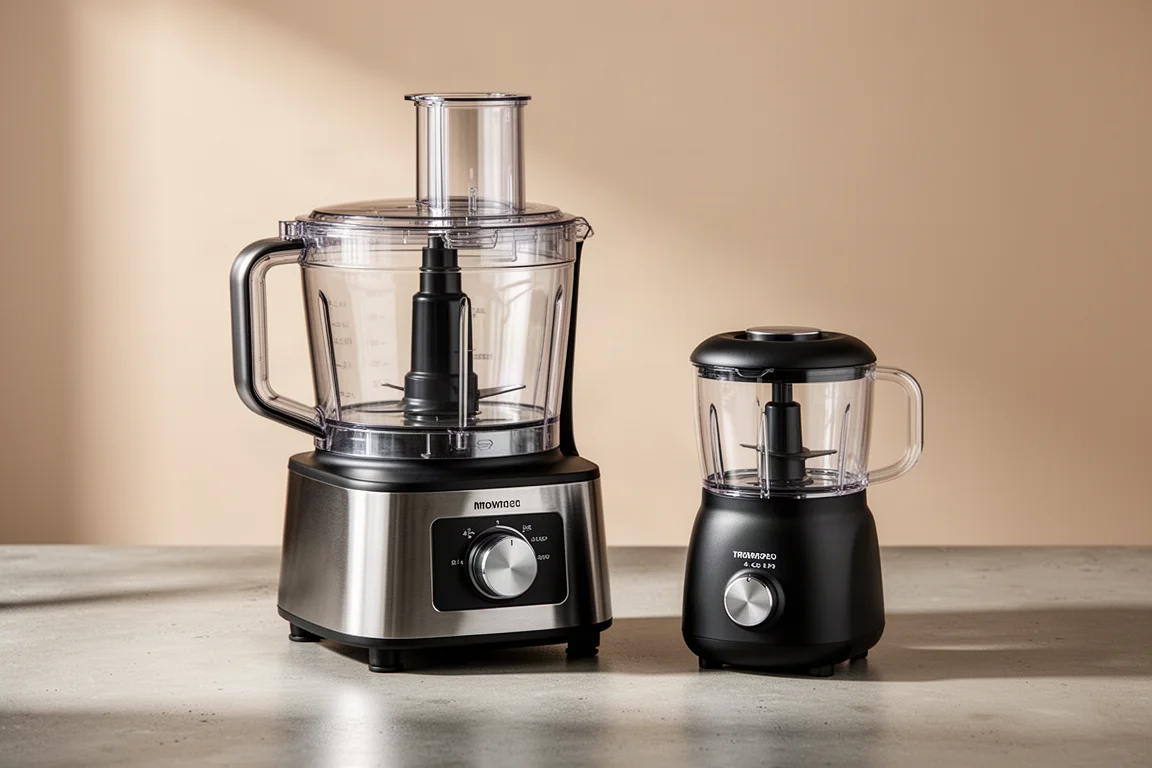 Large 14-cup food processor next to a compact 4-cup chopper on a kitchen counter