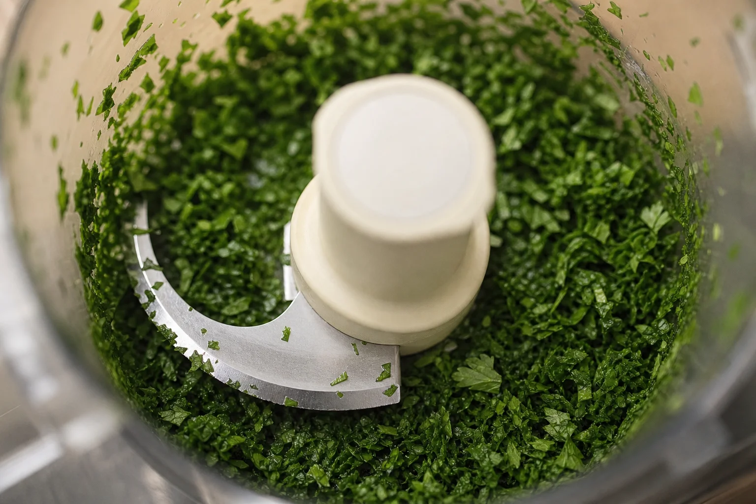 Primo piano della lama di un robot da cucina che trita prezzemolo fresco in pezzi uniformi