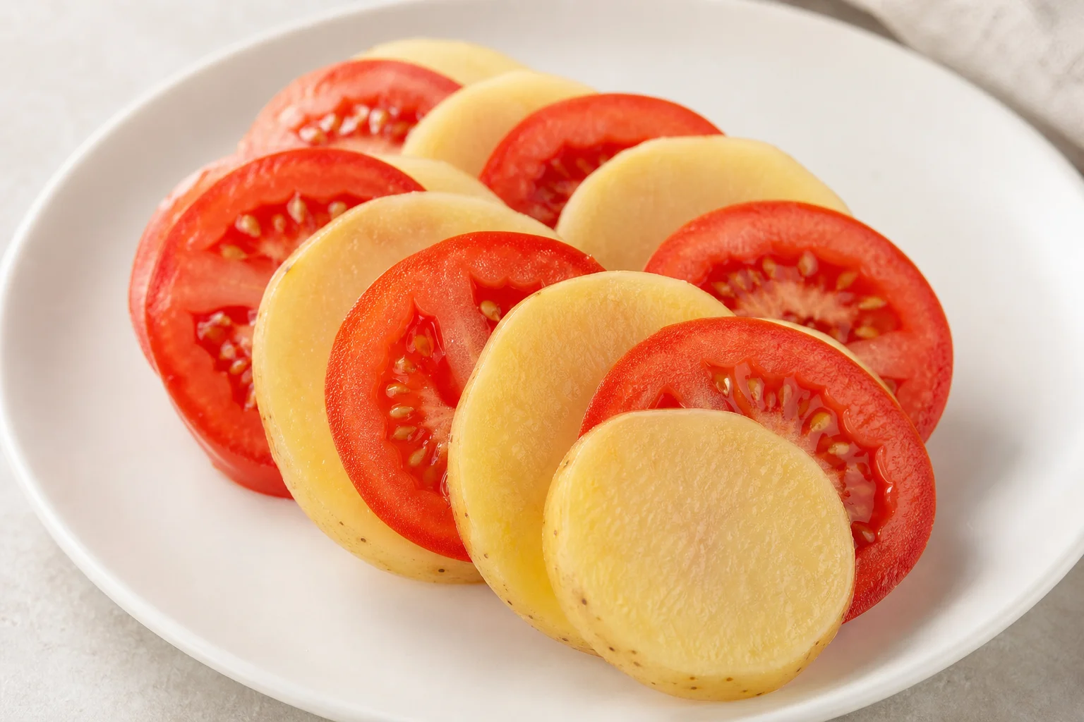 Fette di pomodoro e patate impilate su un piatto bianco che mostrano uno spessore uniforme