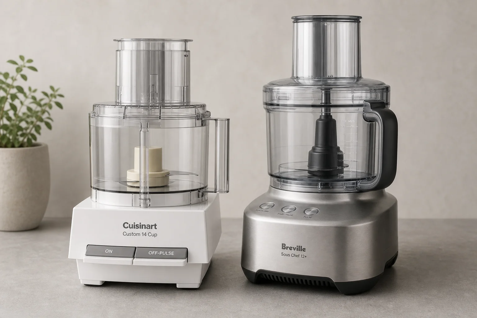 Cuisinart Custom 14 Cup and Breville Sous Chef 12+ food processors on concrete surface